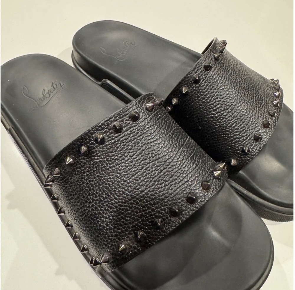 Christian Louboutin Mens Pool Stud Flat Black Leather Slide Sandal 45 -11.5